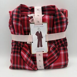 NWT Victoria's Secret Flannel Pajama Set XL Red Plaid Long Sleeve Button PJ New